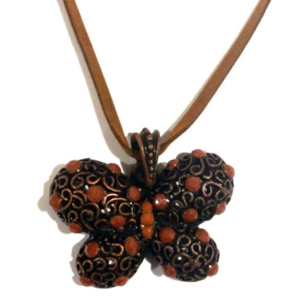 Brown Cord Filigree Butterfly Design Pendant Necklace - Women's Fashion Jewelry - Picture 1 of 8